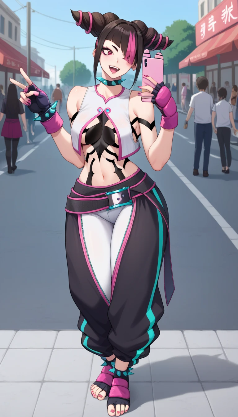 Juri Han walking holding her pink cellphone in the streets at midnight. Juri wears a tiny, sleeveless, cropped top in white with pink trim and a green zipper on the back. Black body tapes are threaded under the top, creating a spider pattern that extends down her torso and crotch. For the bottom, she chooses unconventional black baggy pants with pink and neon teal trim and a distinctive large crotch cutout that reveals her white tights underneath. The pants also have green zippers on the medial side of the legs. her right eye remains purple, but her left eye is green Juri's accessories include fingerless gloves multi color black with pink. Four black bracelets with neon teal spikes adorn her wrists and ankles, with a matching spiked choker around her neck. She also wears Tae Kwon Do foot garments. Loosely wrapped around her waist is an extra-long black belt with pink trim and a Taiji motif on the buckle. Her fingernails and toenails are painted neon teal. (masterpiece high quality)