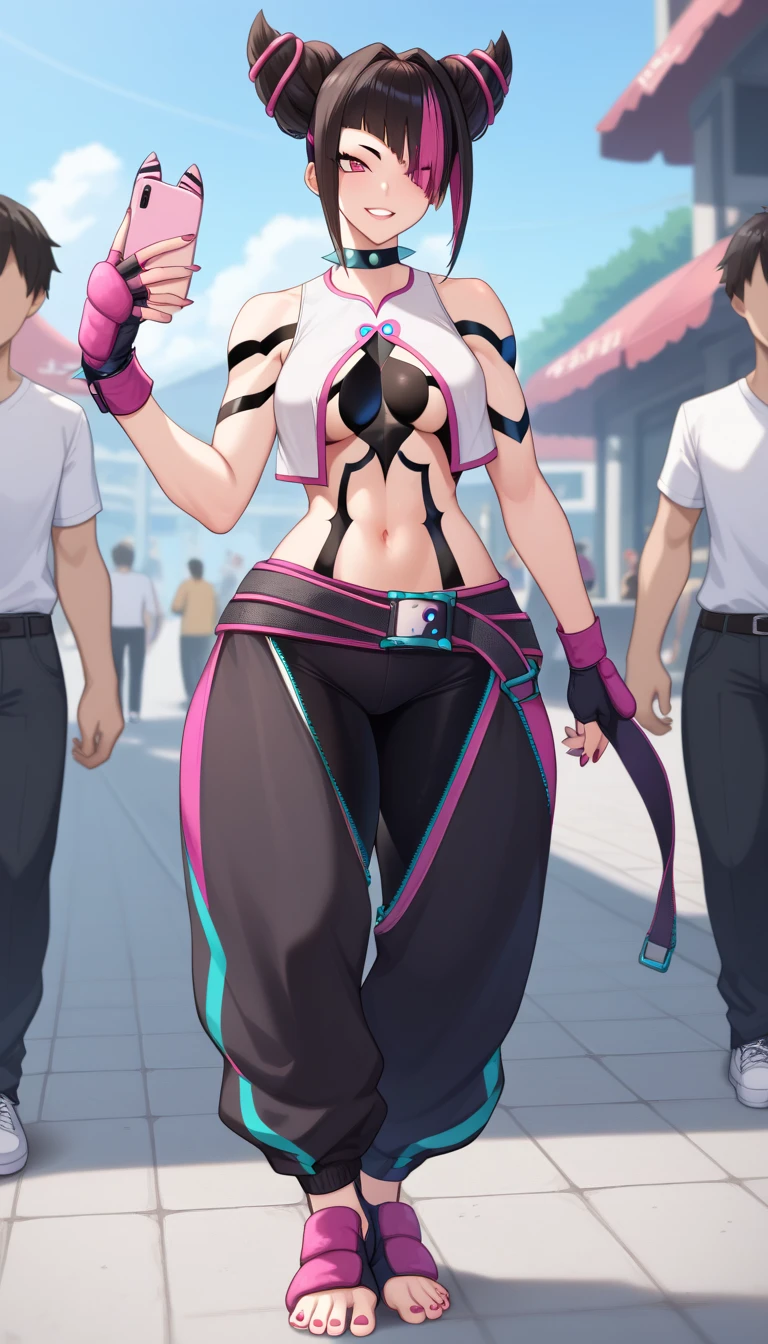 Juri Han walking holding her pink cellphone in the streets at midnight. Juri wears a tiny, sleeveless, cropped top in white with pink trim and a green zipper on the back. Black body tapes are threaded under the top, creating a spider pattern that extends down her torso and crotch. For the bottom, she chooses unconventional black baggy pants with pink and neon teal trim and a distinctive large crotch cutout that reveals her white tights underneath. The pants also have green zippers on the medial side of the legs. her right eye remains purple, but her left eye is green Juri's accessories include fingerless gloves multi color black with pink. Four black bracelets with neon teal spikes adorn her wrists and ankles, with a matching spiked choker around her neck. She also wears Tae Kwon Do foot garments. Loosely wrapped around her waist is an extra-long black belt with pink trim and a Taiji motif on the buckle. Her fingernails and toenails are painted neon teal. (masterpiece high quality)