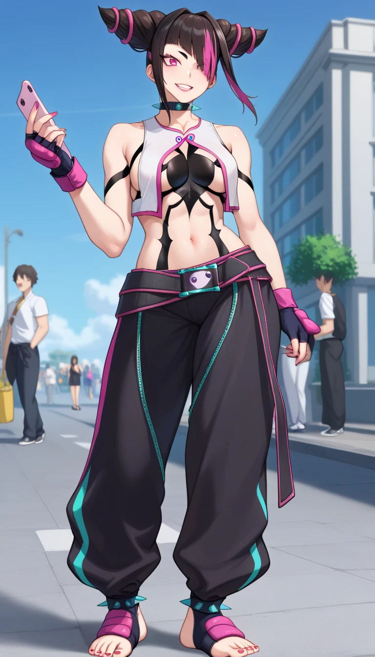 Juri Han walking holding her pink cellphone in the streets at midnight. Juri wears a tiny, sleeveless, cropped top in white with pink trim and a green zipper on the back. Black body tapes are threaded under the top, creating a spider pattern that extends down her torso and crotch. For the bottom, she chooses unconventional black baggy pants with pink and neon teal trim and a distinctive large crotch cutout that reveals her white tights underneath. The pants also have green zippers on the medial side of the legs. her right eye remains purple, but her left eye is green Juri's accessories include fingerless gloves multi color black with pink. Four black bracelets with neon teal spikes adorn her wrists and ankles, with a matching spiked choker around her neck. She also wears Tae Kwon Do foot garments. Loosely wrapped around her waist is an extra-long black belt with pink trim and a Taiji motif on the buckle. Her fingernails and toenails are painted neon teal. (masterpiece high quality)