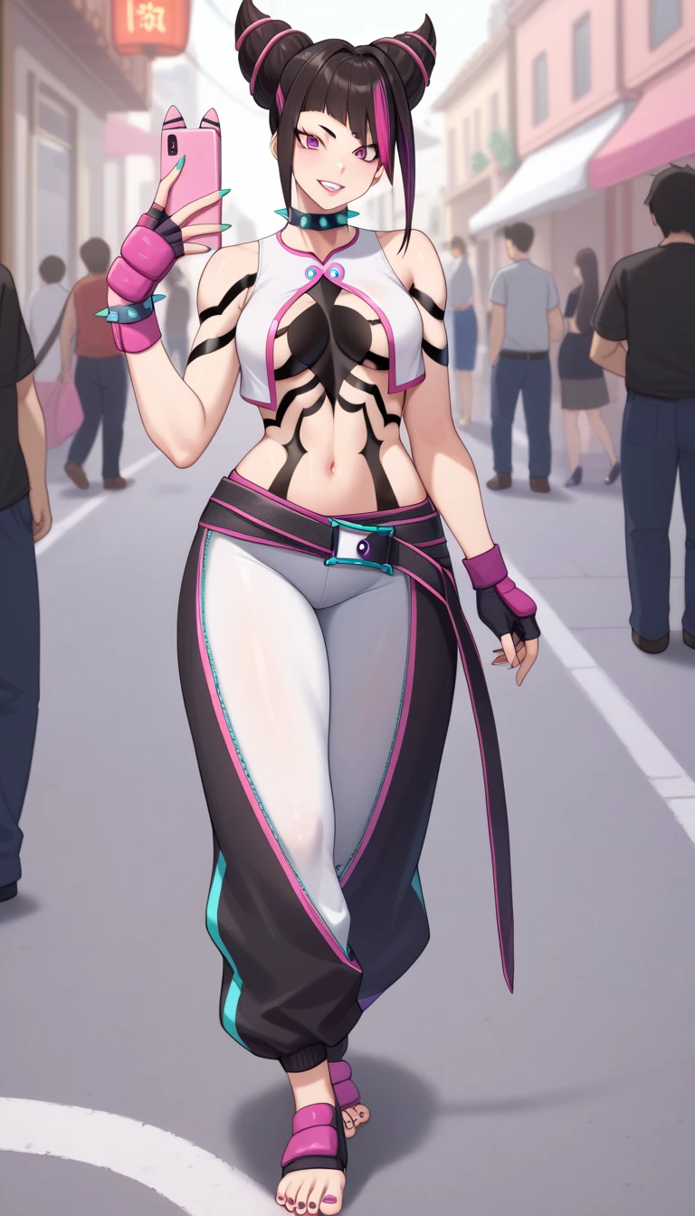 Juri Han walking holding her pink cellphone in the streets at midnight. Juri wears a tiny, sleeveless, cropped top in white with pink trim and a green zipper on the back. Black body tapes are threaded under the top, creating a spider pattern that extends down her torso and crotch. For the bottom, she chooses unconventional black baggy pants with pink and neon teal trim and a distinctive large crotch cutout that reveals her white tights underneath. The pants also have green zippers on the medial side of the legs. her right eye remains purple, but her left eye is green Juri's accessories include fingerless gloves multi color black with pink. Four black bracelets with neon teal spikes adorn her wrists and ankles, with a matching spiked choker around her neck. She also wears Tae Kwon Do foot garments. Loosely wrapped around her waist is an extra-long black belt with pink trim and a Taiji motif on the buckle. Her fingernails and toenails are painted neon teal. (masterpiece high quality)