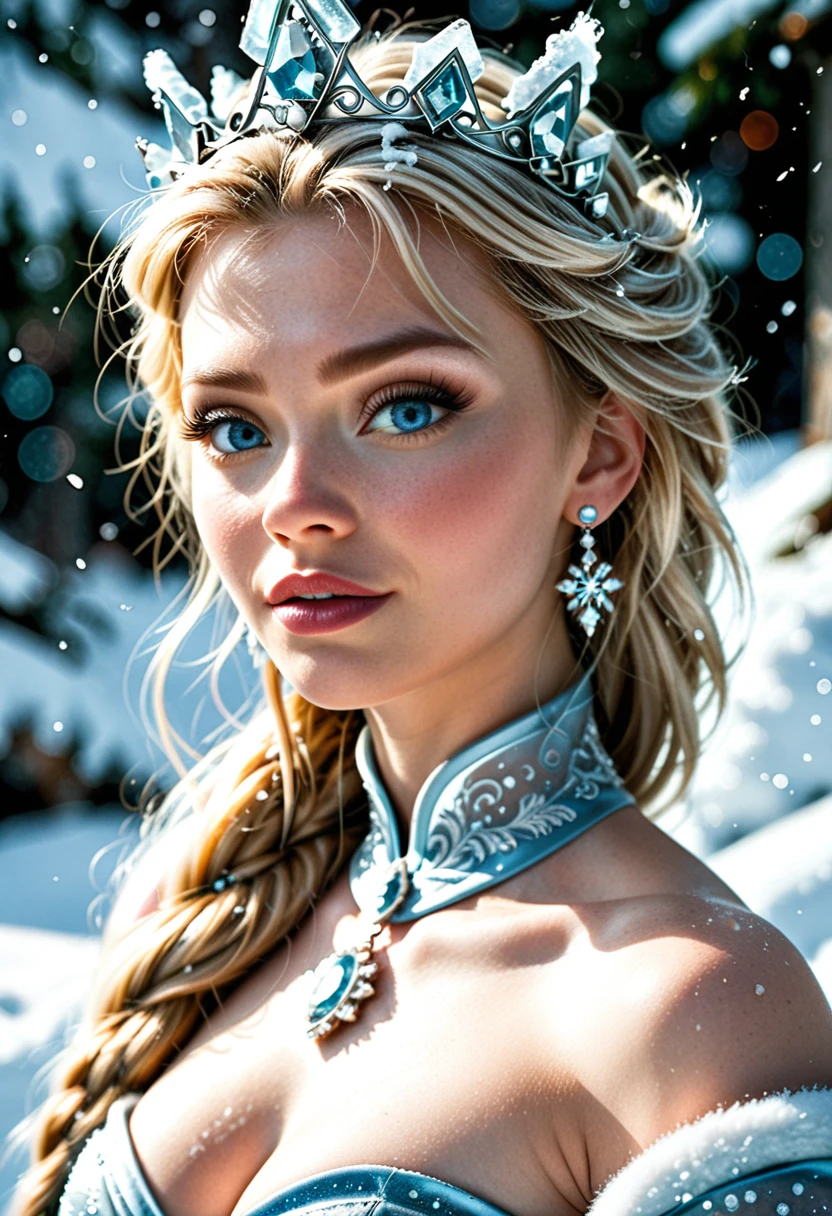 a detailed realistic portrait of elsa from frozen, beautiful detailed eyes, beautiful detailed lips, extremely detailed face and skin, long eyelashes, blonde hair, ice crown, ice dress, ice magic, snowy winter background, cinematic lighting, highly detailed, photorealistic, 8k, best quality