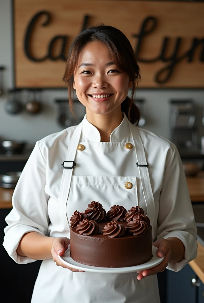 Ultra realistic medium hair semi-chubby chef women holding a choco moist cake with design, wearing apron. Kitchen baking tools in the back. Cake Lyn signage on the wall. Landscape sized photo