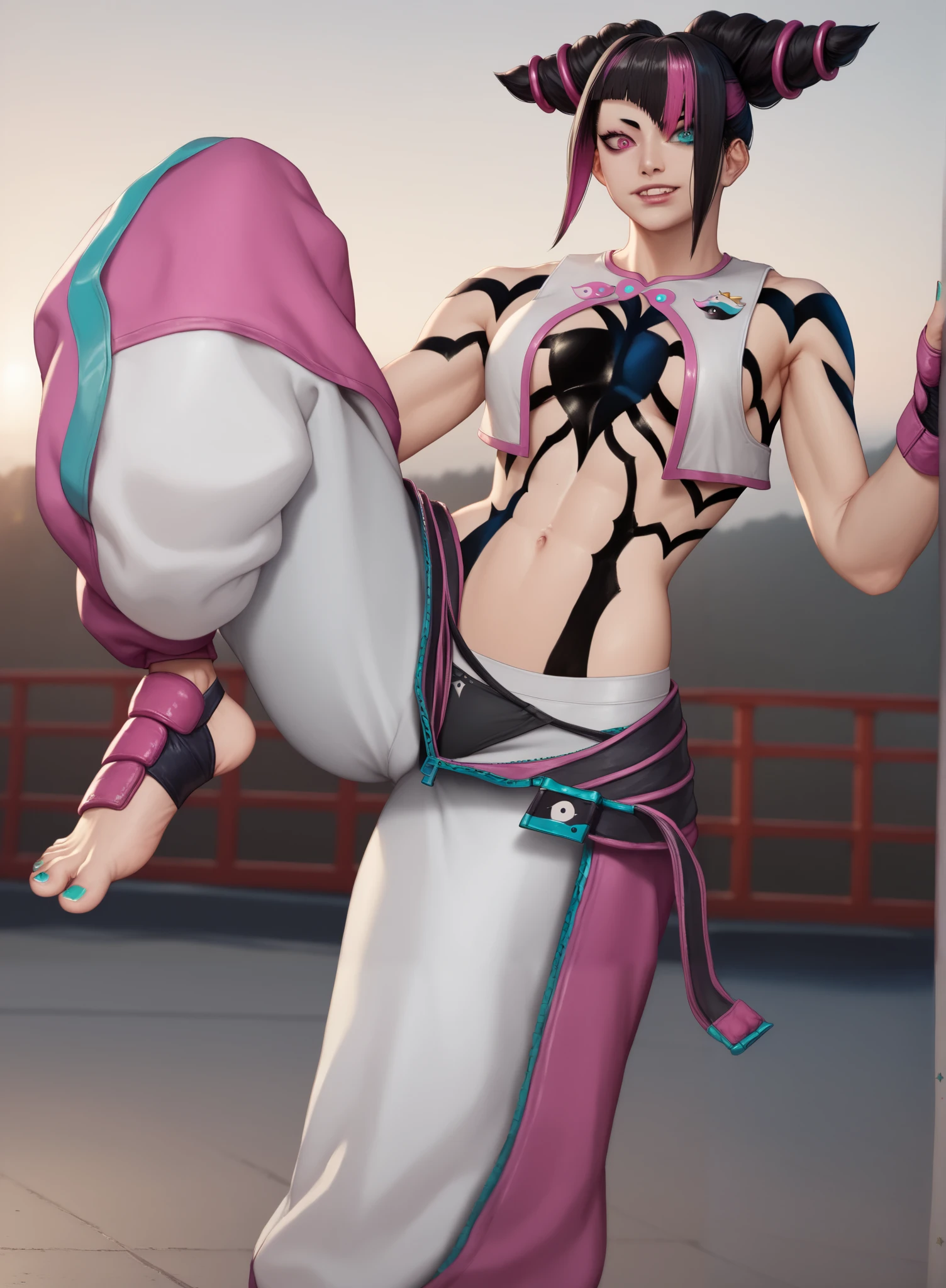 ((juri han)), ((masterpiece)), ((photorealism)), {(athletic figure), (toned body), (eccentuated curves), (turquoise painted nails), (black hair), (two toned hair), (hair horns), (pink and turquoise eyes), (pink right eye), (heterochromia)}, {(body paint), (white vest), (navel), (baggy pants with turquoise zippers), (white tights), (black panties over pants), (pink fighting gear), (stirrup)}, {(leg and foot raised), (looking at viewer)}