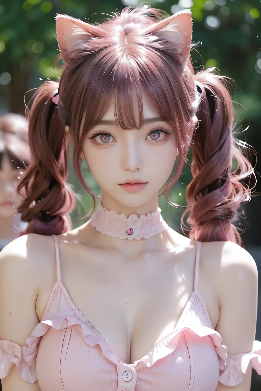 ((( pink eyes)))Dark pink hair((Curly hair in twin tails))Pink eyes like the eyes of a big cat((Bewitching beauty))角度の強いhanging eyes、(( Quiet pose with one finger on her lips )) large dark pink eyes with beautiful white skin １Woman Smiling 、((hanging eyes)) beautiful women with well-groomed faces wear flashy ruffled dresses、Dark pink dyed twin tail hair 、 big dark pink eyes hanging like cat eyes、Close your mouth and look at viewer 、((dark pink contacts ))Thin face（痩せているBewitching beauty）、（dark pink iris）