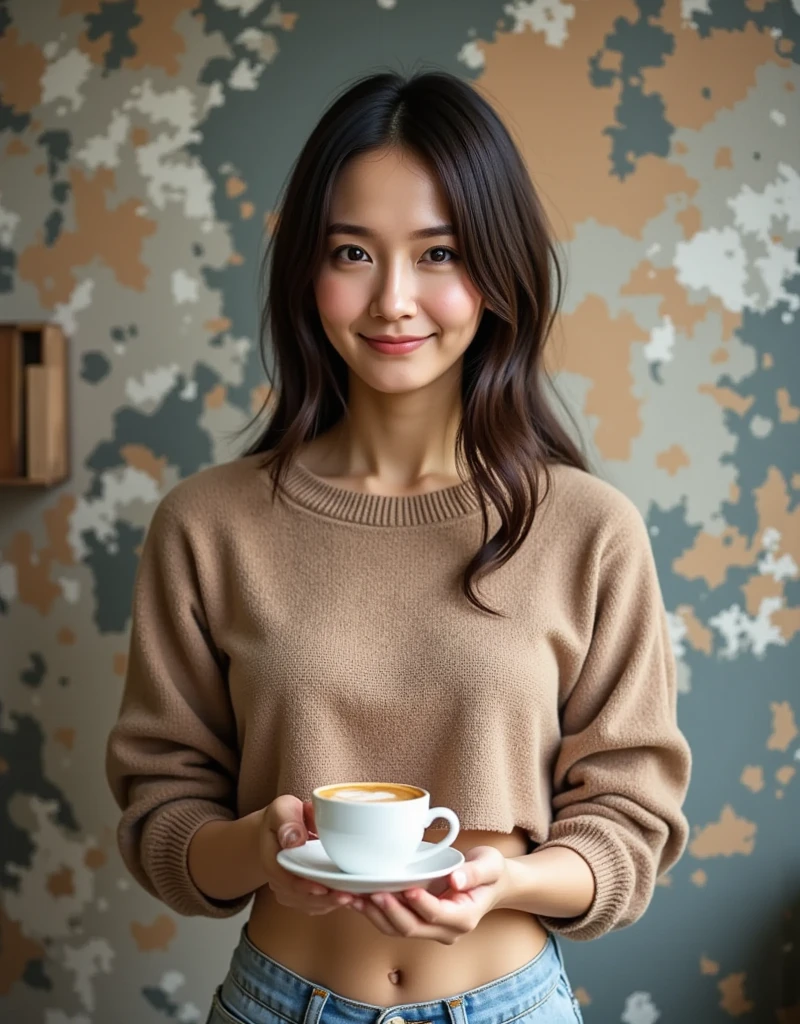 This image is a full-body portrait of a 25-year-old woman, her mouth is wide and smiling, her chin is smooth and round, her eyes are dark brown, she is an Asian woman, she has long, wavy black hair, her skin looks like she has been working out, (her breasts are very large and busty:1.6), (she is not looking at the camera:1.6), she is wearing skin-tight jeans and a cropped wool jumper that shows her belly, she is making coffee, she is handing over a double espresso in a small cup on a saucer, she is concentrating not to spill the coffee, she is looking down at the coffee cup, her eyebrows are slightly furrowed, the background is a mottled earthen wall with light and dark tones