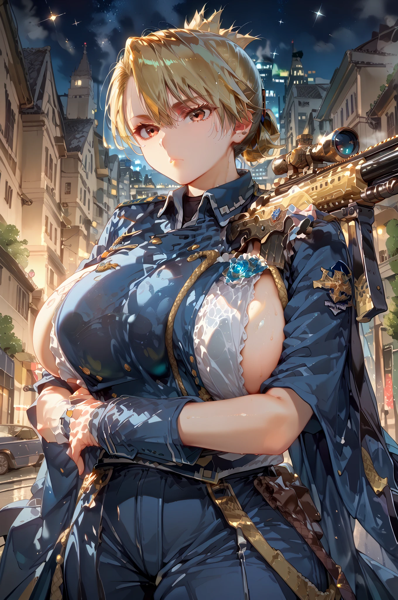  solo focus, city, night, night sky, black Sniper Rifle,  expressive, Expressive, tall woman, steamy, standing, 1girl, mature female, 
Riza Hawkeye, 1girl, blonde hair, brown eyes, short hair, ponytail,
blue uniform, blue pants, amestris military uniform, expressionless face,
 One girl , Improve, 1 person,  gigantic breast, sagging breast,   huge breasts,  huge breasts,  score_9_ up,  score_8_ up,  score_7_ up, masterpiece,  is very beautiful, 