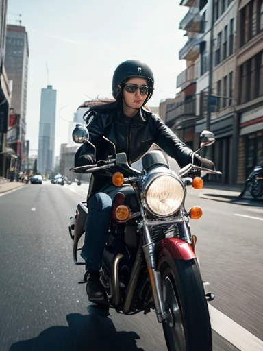 classic motorcycle, 1950s style, retro, mechanical design, A scene of a classic motorcycle driving through the city. The rider is a woman wearing a leather jacket and jeans, captured as she rounds a corner. Motion blur is applied, revealing speed lines. The image is shot from a frontal perspective, emphasizing the motorcycle's power and sense of speed. In the background, city buildings and traffic can be seen, creating a bustling city atmosphere. Light reflects off the metal parts of the motorcycle, creating a visually striking scene. High-resolution digital art with crisp detail, ((masterpiece)), ((best quality)), (ultra-detailed), ((beautiful eyes)), Japanese female, (slender:1.2), ((30 years old)), beautiful,