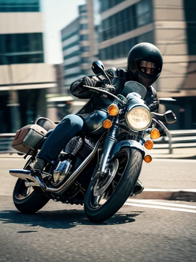 classic motorcycle, 1950s style, retro, mechanical design, A scene of a classic motorcycle driving through the city. The rider is a woman wearing a leather jacket and jeans, captured as she rounds a corner. Motion blur is applied, revealing speed lines. The image is shot from a frontal perspective, emphasizing the motorcycle's power and sense of speed. In the background, city buildings and traffic can be seen, creating a bustling city atmosphere. Light reflects off the metal parts of the motorcycle, creating a visually striking scene. High-resolution digital art with crisp detail, ((masterpiece)), ((best quality)), (ultra-detailed), ((beautiful eyes)), Japanese female, (slender:1.2), ((30 years old)), beautiful,