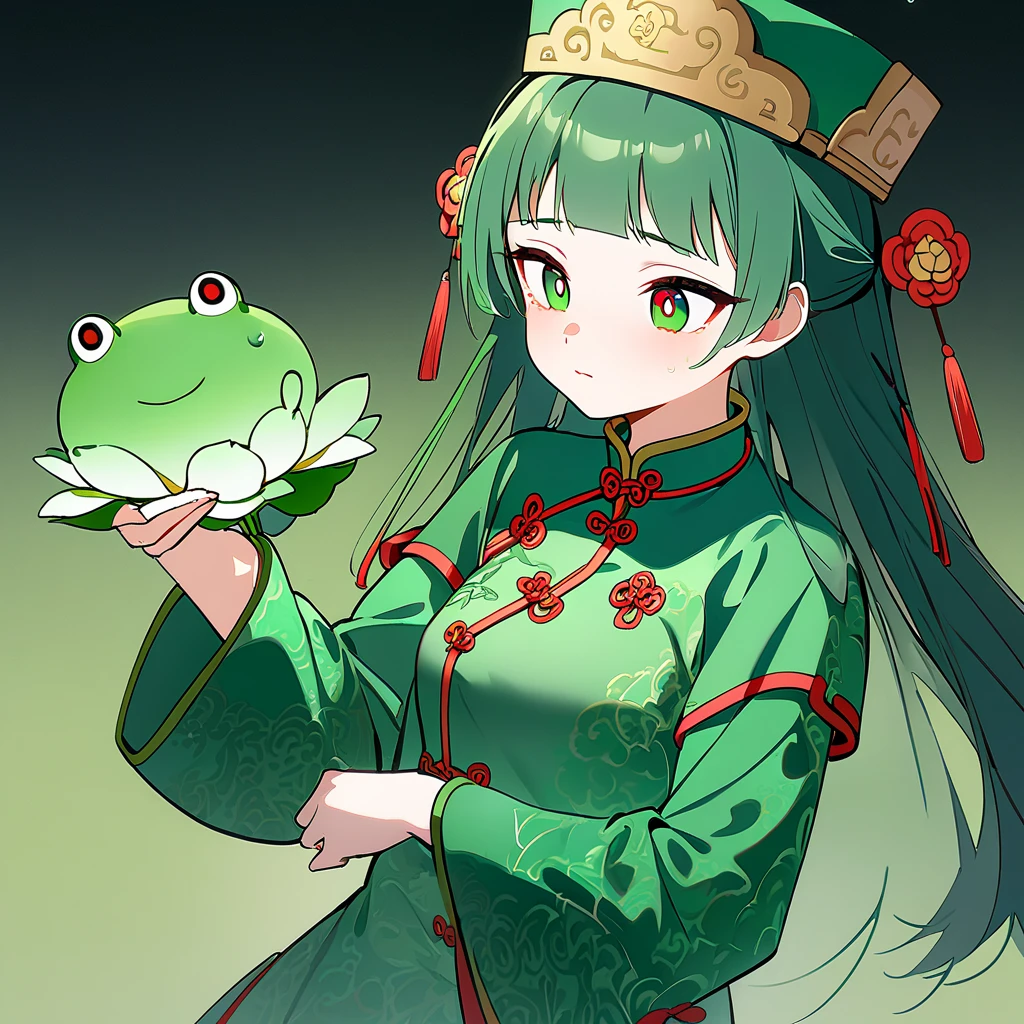  Chinese 18-year-old girl ，Short green hair ， Green pupils， wearing green Chinese Mandarin Han suit， The hat on the head has two frog eyes ，Collar slipped to arm , showing the upper half of the chest and shoulders ，  holding a lotus flower in her right hand  ，  eyes and nose are red like they've just cried