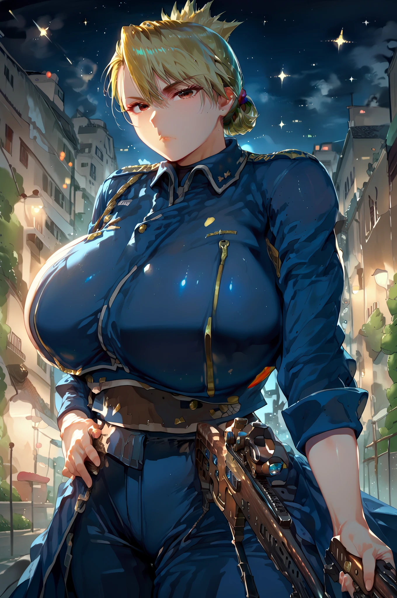  solo focus, city, night, night sky, black Sniper Rifle,  expressive, Expressive, tall woman, steamy, standing, 1girl, mature female, 
Riza Hawkeye, 1girl, blonde hair, brown eyes, short hair, ponytail,
blue uniform, blue pants, amestris military uniform, expressionless face,
 One girl , Improve, 1 person,  gigantic breast, sagging breast,   huge breasts,  huge breasts,  score_9_ up,  score_8_ up,  score_7_ up, masterpiece,  is very beautiful, 