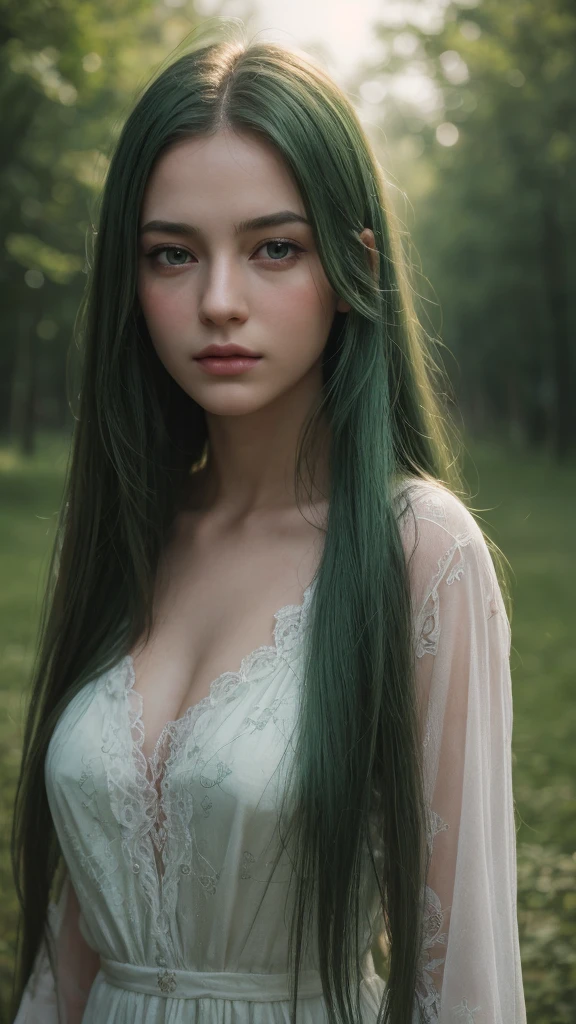 a girl.  face sent feeling.  Europe.  Oval face.  long face.  delicate facial features.  gentle eyes.  seductively seductive.  green eyes.  long straight hair.  green hair.  expression is very sad.  shy.  straight face.  outdoor
