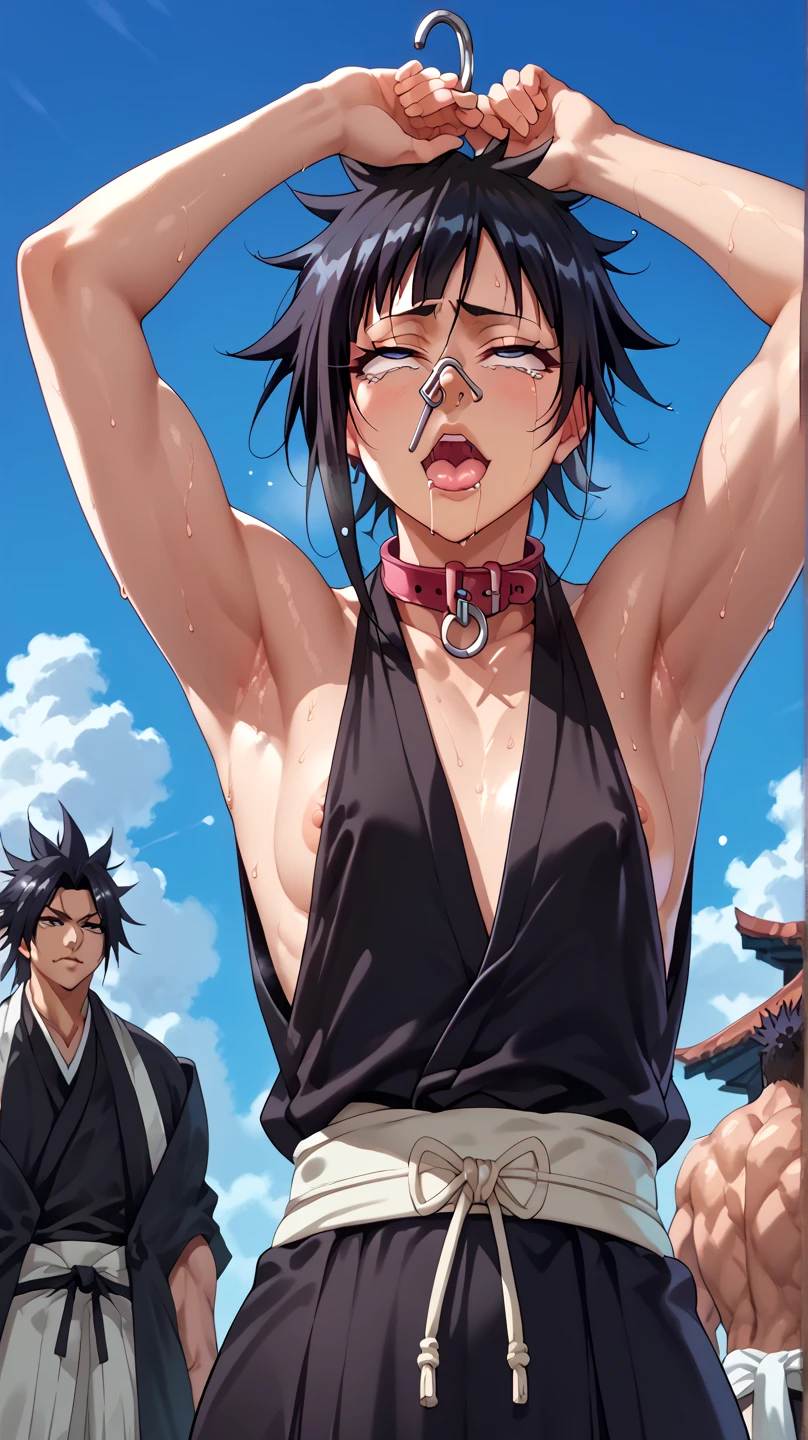 a picture, inspired by Kentaro Miura, trending on pixiv, soifon from bleach, black uniform, favorite scene, fine details, skins, sweating, small breasts, both hands raised, armpits, (small head),armpits visible, dripping with sweat, more more sweat, ((Japanese clothes)),open mouth,rolling eyes,muscle,kneel down,open legs,For the audience, (muscle:1.2),Looking at the audience, tired, (small breasts),sexy body,perfect body,(drooling), tears, head wet, runny nose, black hair, dog collar,transparent nose hook.