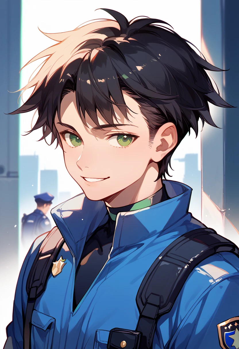 masterpiece, high definition , top quality,8k
(Nate ,male, black Hair, green Eyes, short hair)
(Futuristic police black outfit)
smile