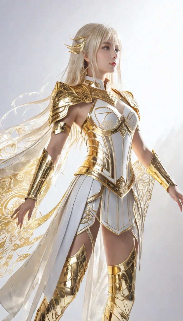 "Angelic female knight character in anime style illustration, wearing lustrous golden armor. Flowing platinum-white hair reaching waist length, captured in elegant side profile view. Armor consists of geometric patterned golden plates with intricate metallic reflections and details. Dynamic pose showing technical mastery of metal texture rendering. Scattered golden particles floating in the air create ethereal atmosphere. Strong contrast with black shadows at the bottom portion. High-quality anime art style with emphasis on metallic textures and light reflections. Clean white background enhances the golden elements. Art style shows masterful understanding of how light interacts with metallic surfaces. The overall composition creates a divine, majestic atmosphere with careful attention to material properties and lighting effects."