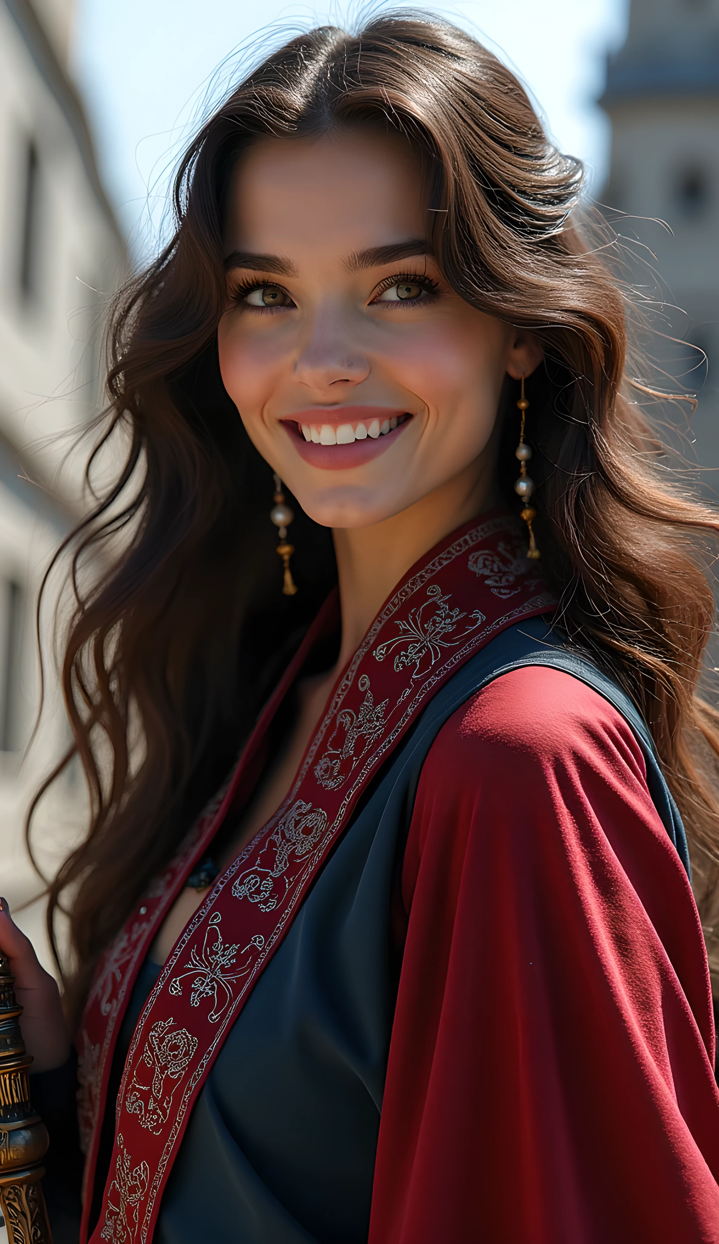 Smiling woman in red and blue dress holding a golden bell - SeaArt AI