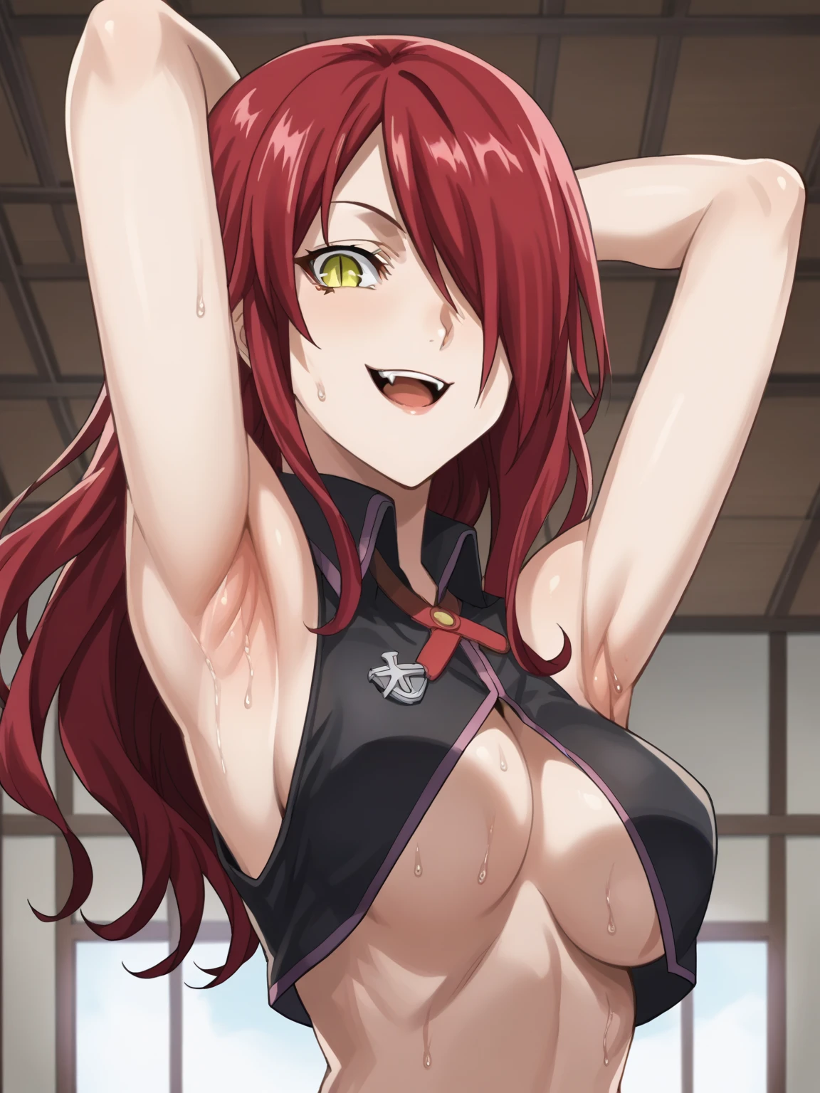 score_9, score_8_up, score_7_up, source_anime, anime screencap, 1girl, solo, kobayashi rindou, long hair,red hair, wavy hair, yellow eyes, hair over one eye, slit pupils, alisa god eater outfit, underboobs, arm behind head, armpit, looking at viewer, head towards viewer, smile, opened mouth,teeth fang, badhandv4, indoors, from side, (from below:1.1), sweaty armpits