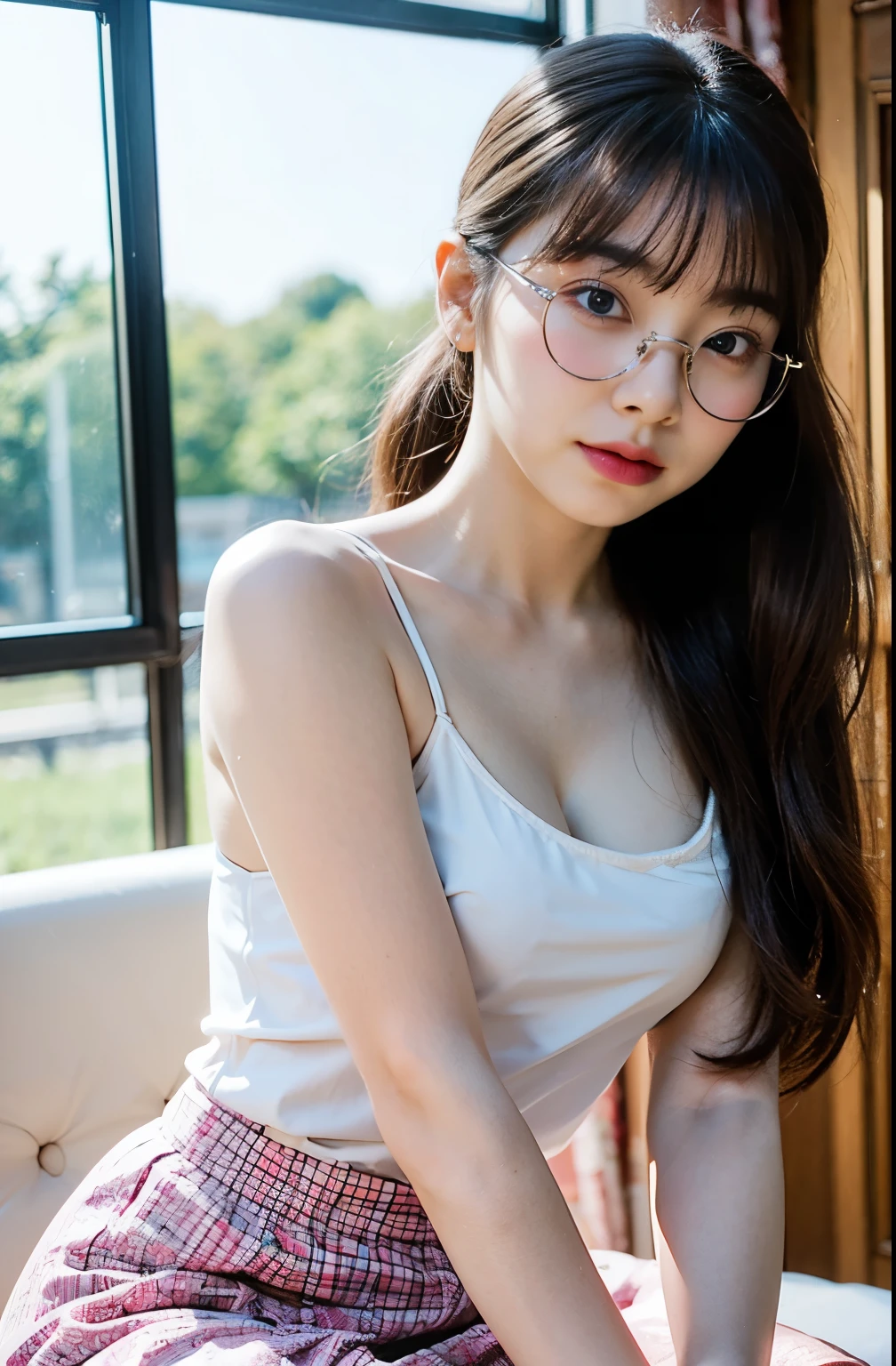 Beautiful young girl，Face lighting，最high quality， ((((Very smiling，White tank top，Denim mini skirt，Beautiful feet，Sit on a bench，garden)))，非常にBeautiful detailsな顔, (Slender body:1.4), (Detailed face:1.2), Conceptual Art, high quality, Realistic, Very detailed CG 統合 8k 壁紙, Very detailed, High resolution raw color photos, Professional photography, Cinematic Light, Beautiful details, Super detailed, Advanced Details, Depth of written boundary, Super stylish lighting, (Beautiful small chest:1.2), Smooth and flawless skin, Expressive and captivating eyes, Well-defined facial features, A perfectly balanced face, Fine Details and Realistic Textures，Blurred Background、Glasses with narrow frames