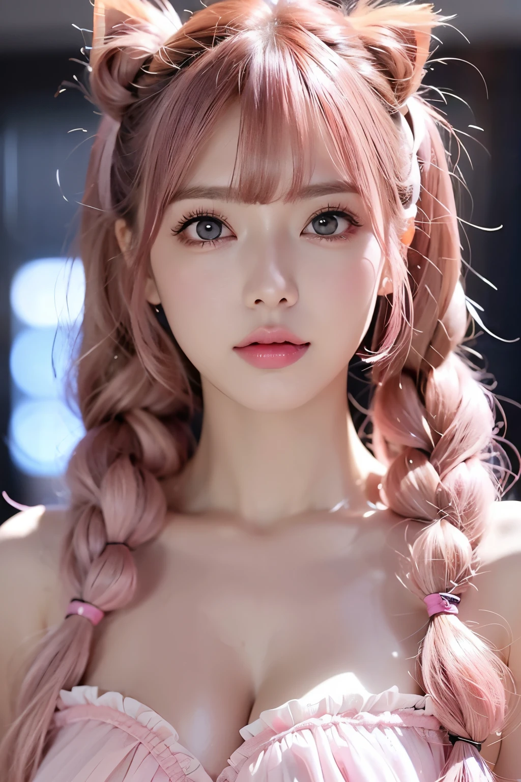 45 year old mature beauty((( pink eyes)))Dark pink hair((Curly hair in twin tails))Pink eyes like the eyes of a big cat((角度の強いhanging eyes)) pink contacts (( Quiet pose with one finger on her lips )) with big dark pink eyes and beautiful white skin1Woman Smiling 、((hanging eyes))A beautiful woman with a well-groomed face is wearing a flashy dress with white ruffles、Dark pink dyed twin tail hair 、 big dark pink eyes hanging like cat eyes、Close your mouth and look at viewer 、((濃い pink contacts ))Thin face(A bewitching beauty who is thin )、(dark pink iris)