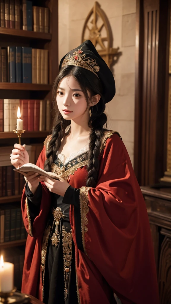 (Masterpiece, high quality) , (masterpiece) , (best quality) , (real picture) , (intricate details) , (blurry background) , looking at viewer, single girl, fantasy, very short black hair in twintails, (pale skin:1.1) , red and black robe, Arabic outfit, magic staff, (medieval:1.1) , magic scrolls, witch hat, in library, candle, 8k, UHD, HDR, (Masterpiece:1.5) , (best quality:1.5) ,