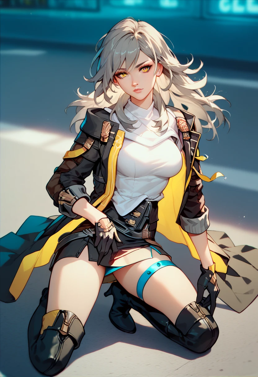 white shirt, black jacket, open clothes, open jacket, long sleeves, black gloves, black skirt, miniskirt, thigh strap, high heel boots, black footwear,
stellernd, yellow eyes, grey hair, long hair. Kneeling pose, on street 