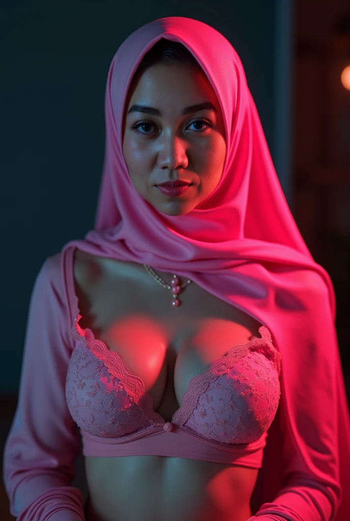 47 years old, Hijab Indonesian mature woman, medium, slim body, medium breasts, in the room, with a teenage boy, at night, full body, best quality, highres