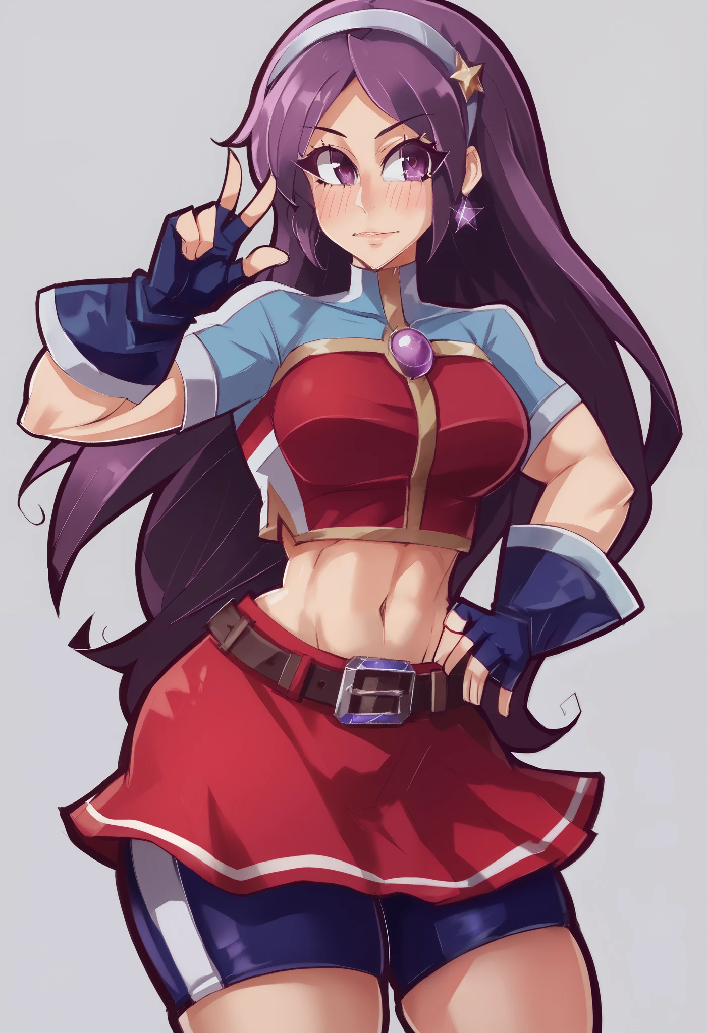 Masterpiece, best quality,ATHKOF2002, purple hair, long hair, purple eyes, white hairband, blue sleeves, pearl (gemstone), short sleeves, red top, belt, fingerless gloves, navel, red skirt, biker shorts,  blush, solo, seductive pose,cowboy shot, midriff,beautiful detailed face,thick thighs, one hand on hip,other had on hair,dbp,hentai, crotch