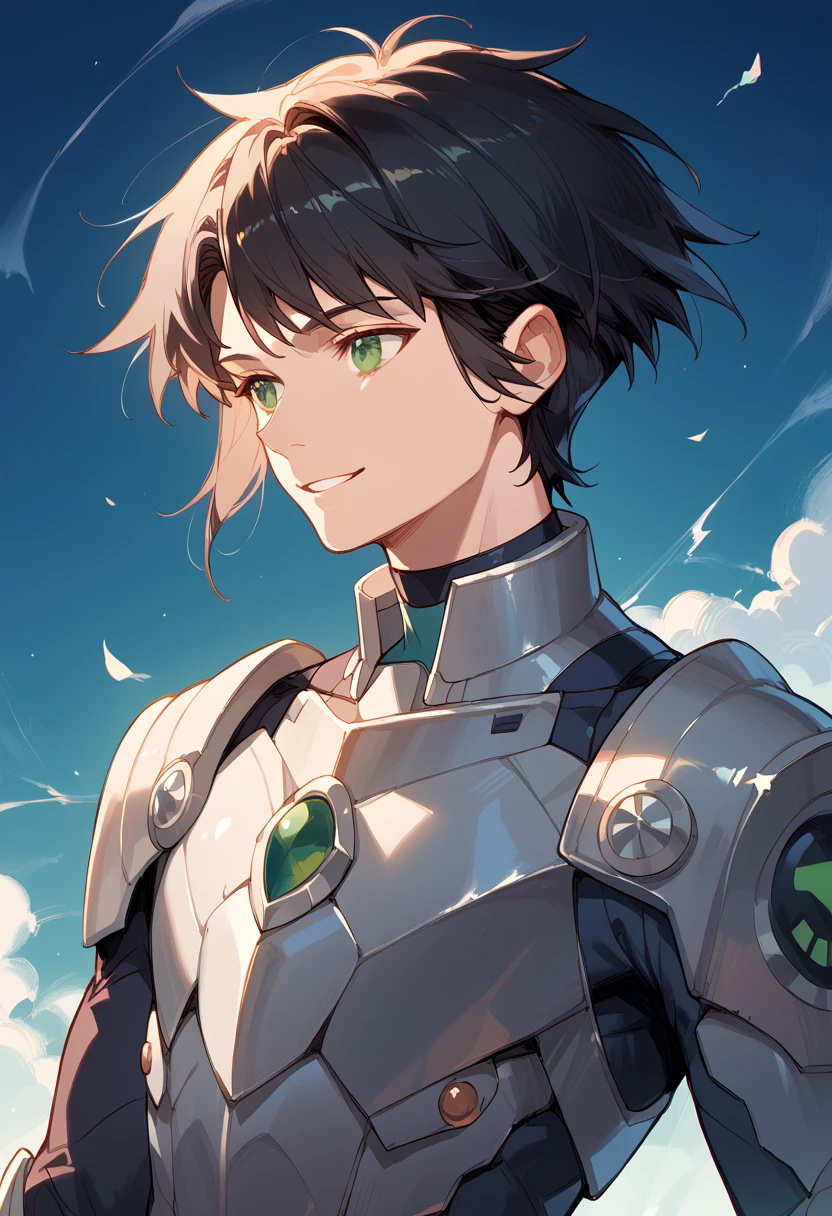 masterpiece, high definition , top quality,8k
(Nate ,male, black Hair, green Eyes, short hair)
(Futuristic black armor outfit)
smile