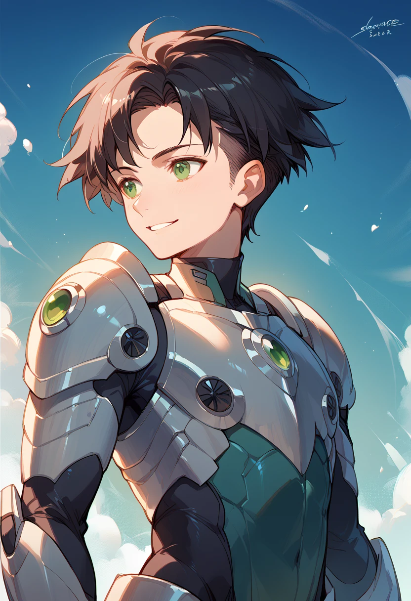 masterpiece, high definition , top quality,8k
(Nate ,male, black Hair, green Eyes, short hair)
(Futuristic black armor outfit)
smile