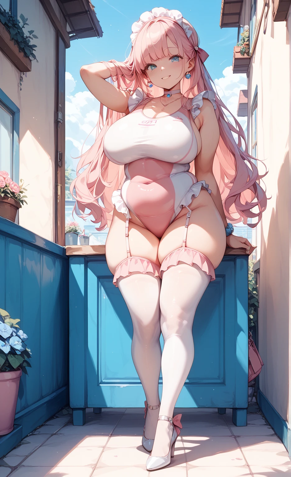   pink frill competitive swimsuit　　 frilly competition swimsuit 　 leotards　pink color pants , Super long hair,  Big Breasts , White tights　 Garter Belt　 high heels　 Around Town Plump Thighs