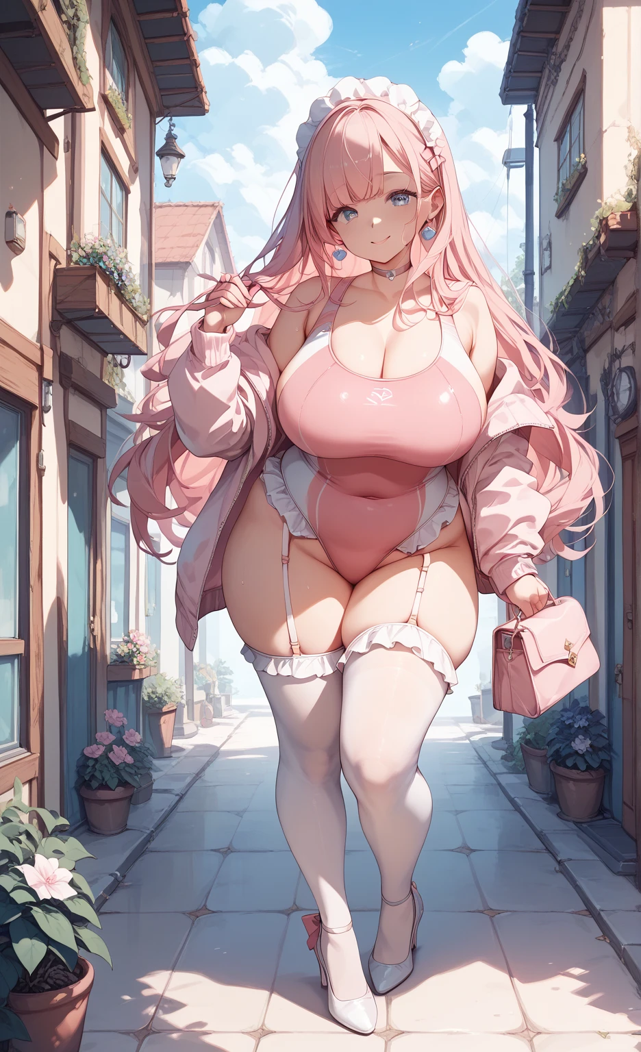   pink frill competitive swimsuit　　 frilly competition swimsuit 　 leotards　pink color pants , Super long hair,  Big Breasts , White tights　 Garter Belt　 high heels　 Around Town Plump Thighs