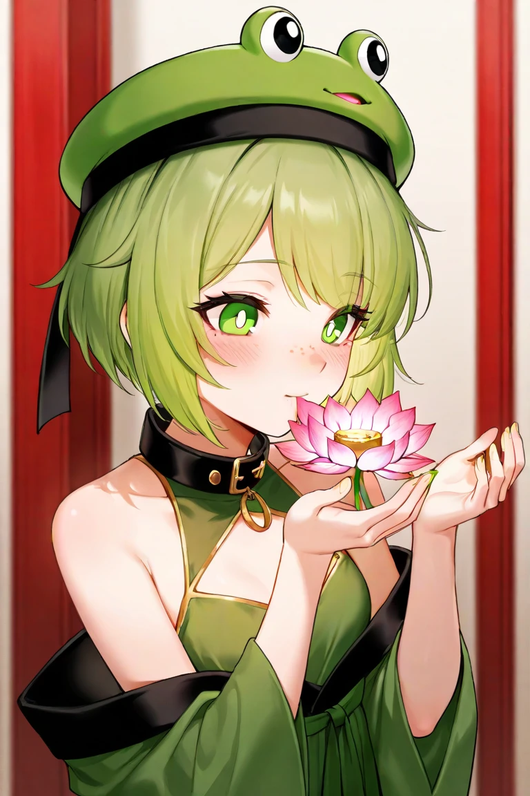  Chinese 18-year-old girl ，Short green hair ， Green pupils，Wear a green dress， The hat on the head has two frog eyes ， There is a mole above the left corner of the mouth， on the right side of the collar slid to the arm , showing the upper half of the chest and shoulders ，  holding a lotus flower in her right hand  ，  eyes and nose are red like they've just cried