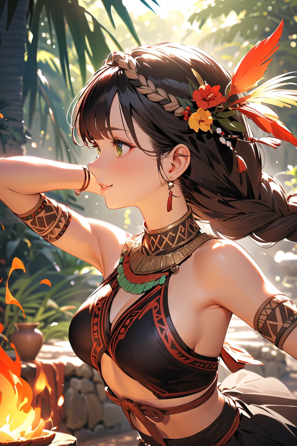masterpiece, best quality, highres ,hmochako, blush stickers, short hair, medium breasts, cleavage, collarbone, sleeveless, <lora:uraraka_ochako_v1:0.8>,, feathers, tribal, headdress, navel, jewelry, midriff, native american, armlet, necklace, rainforest background, tattoo, look at viewer, bow,