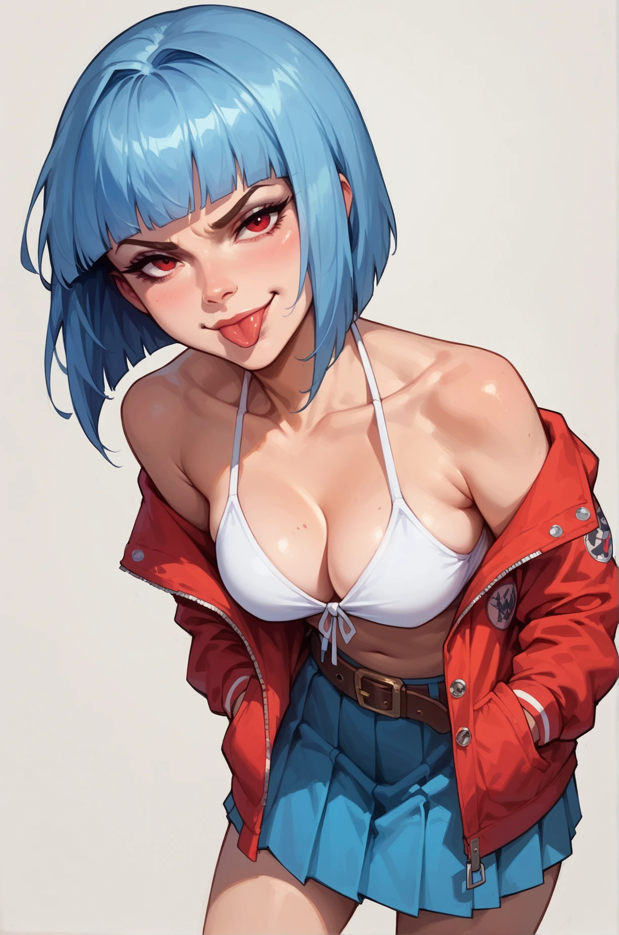 score_9, score_8_up, score_7_up, 1girl, red eye, closed mouth, smirk, looking at viewer, blue hair, short hair, hime cut, bikini top, pleated skirt, belt, hands in pockets, leaning forward, sticking out her tongue, simple background