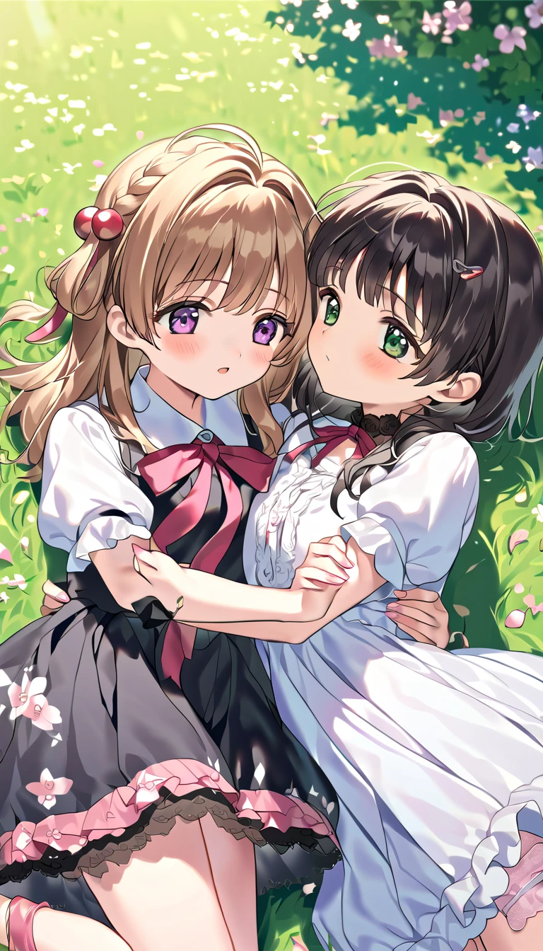 two women hug and kiss on  a green covered flooring surrounded by grass, multiple girls, kinomoto sakura, 2girls, daidouji tomoyo, yuri, petals, grass, long hair, panties around one leg, blush, on side, lying, black hair, underwear, hair ornament, green eyes, brown hair, dress, purple eyes, white dress, short hair, panties, loli, bangs, see-through, outdoors, hair bobbles