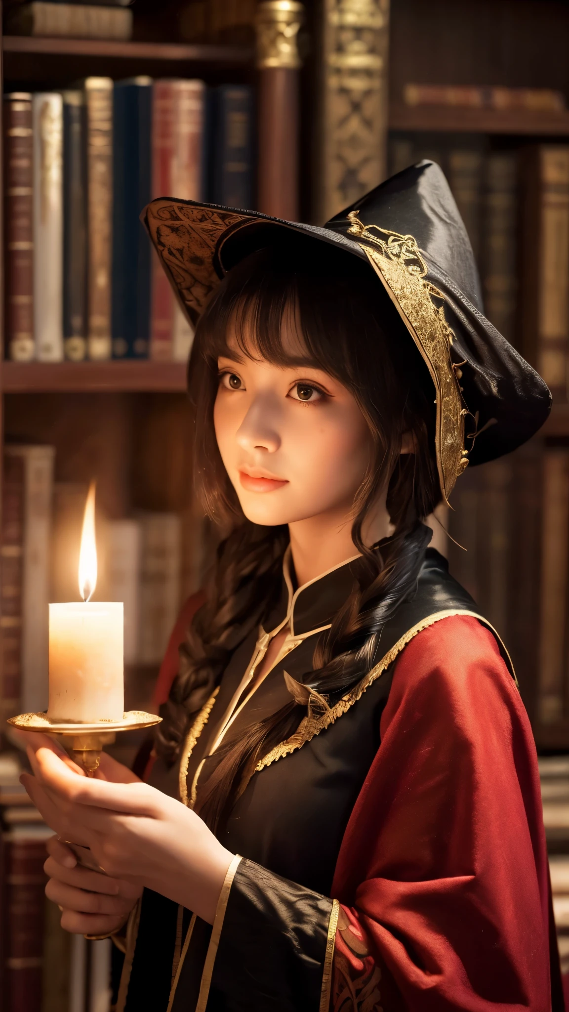 (Masterpiece, high quality) , (masterpiece) , (best quality) , (real picture) , (intricate details) , (blurry background) , looking at viewer, single girl, fantasy, very short black hair in twintails, (pale skin:1.1) , red and black robe, Arabic outfit, magic staff, (medieval:1.1) , magic scrolls, witch hat, in library, candle, 8k, UHD, HDR, (Masterpiece:1.5) , (best quality:1.5) ,