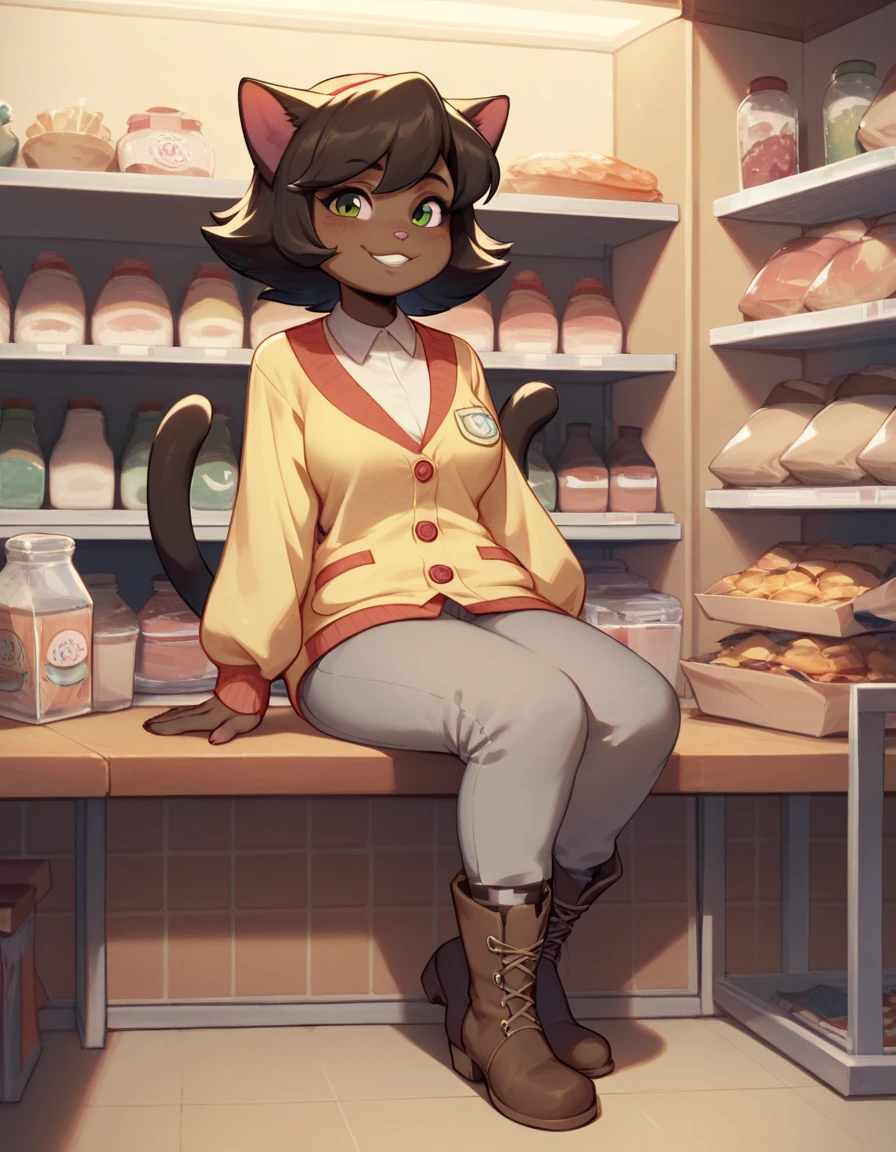 score_9, score_8_up, One,  1girl,  looks at viewer ,  checkered socks ,  brown boots ,  grey pants inflate,inflate grow ,  white shirt inflate , Yellow cardigan , smile, sitting, shop, Night, Dark, Dark skin, anthro cat , poison