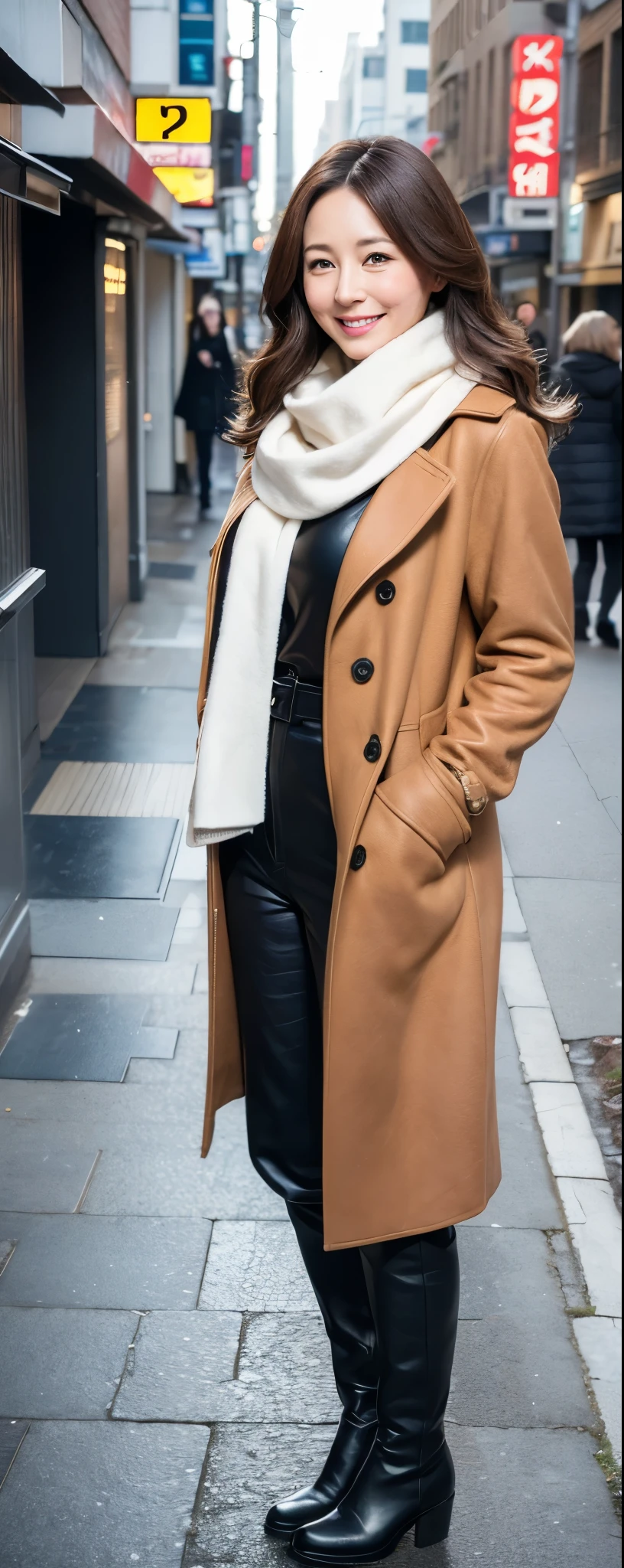 Arafed woman in a tan coat and black pants standing on a sidewalk ...