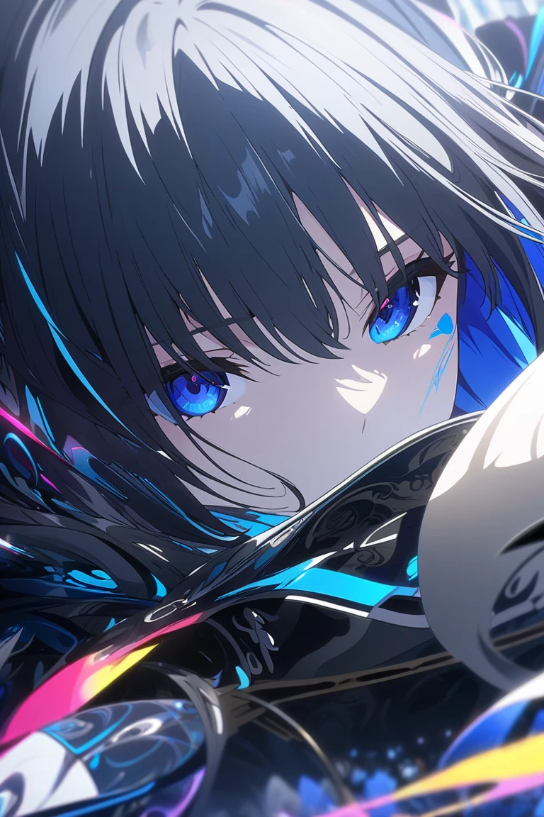 masterpiece,  top quality ,  High Definition CG Unity 8K Wallpaper , , super beautiful graphic design, One Girl ,Alone,  Anime Screenshot 、 depth of field , Ultra Detailed,erotic, has black hair and blue inner color,Envious glances