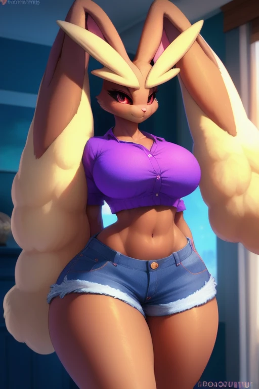 uploaded on e621, explicit content, 3d:0.7, cutesexyrobutts, hioshiru, female, solo, lopunny, short round fluffy tail, bedroom setting, (fitted denim crop button-up with rolled sleeves, Jean shorts), (large breasts, natural breasts, breast sag:0.8), thick thighs, wide hips, three-quarter portrait, closeup
