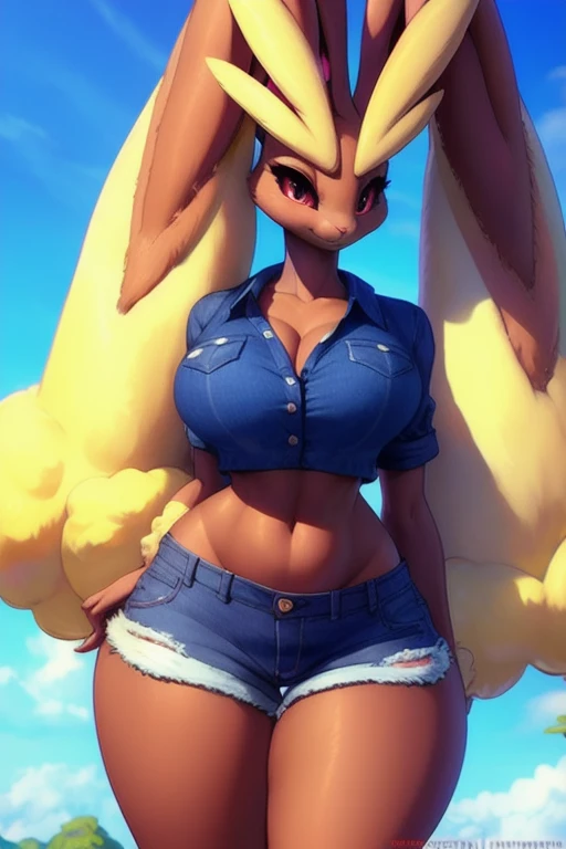 uploaded on e621, explicit content, 3d:0.7, cutesexyrobutts, hioshiru, female, solo, lopunny, short round fluffy tail, bedroom setting, (fitted denim crop button-up with rolled sleeves, Jean shorts), (large breasts, natural breasts, breast sag:0.8), thick thighs, wide hips, three-quarter portrait, closeup
