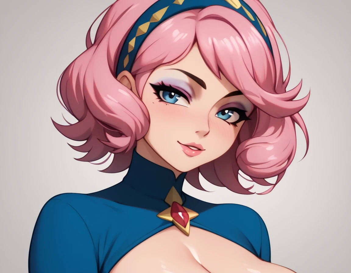  top quality , masterpiece,  high res,  One girl ,,( seductive smile:0.8),clear_pokemon、short_hair、pink_hair、drill_hair、 headband、mole_under_mouth、 eyeshadow、pink_lips、flipped_hair、Big Breasts, 