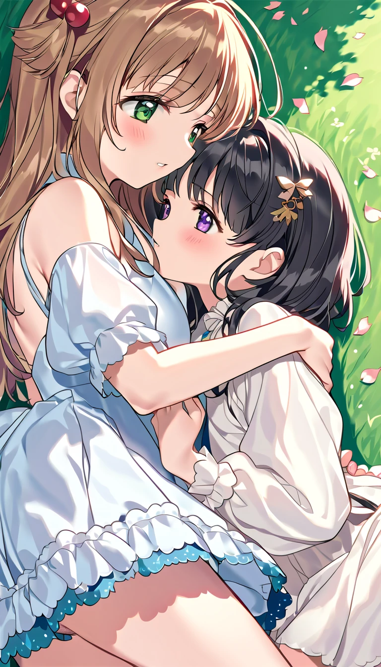 two women hug and kiss on  a green covered flooring surrounded by grass, multiple girls, kinomoto sakura, 2girls, daidouji tomoyo, yuri, petals, grass, long hair, panties around one leg, blush, on side, lying, black hair, underwear, hair ornament, green eyes, brown hair, dress, purple eyes, white dress, short hair, panties, loli, bangs, see-through, outdoors, hair bobbles