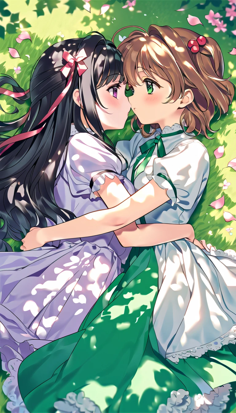 two women hug and kiss on  a green covered flooring surrounded by grass, multiple girls, kinomoto sakura, 2girls, daidouji tomoyo, yuri, petals, grass, long hair, panties around one leg, blush, on side, lying, black hair, underwear, hair ornament, green eyes, brown hair, dress, purple eyes, white dress, short hair, panties, loli, bangs, see-through, outdoors, hair bobbles