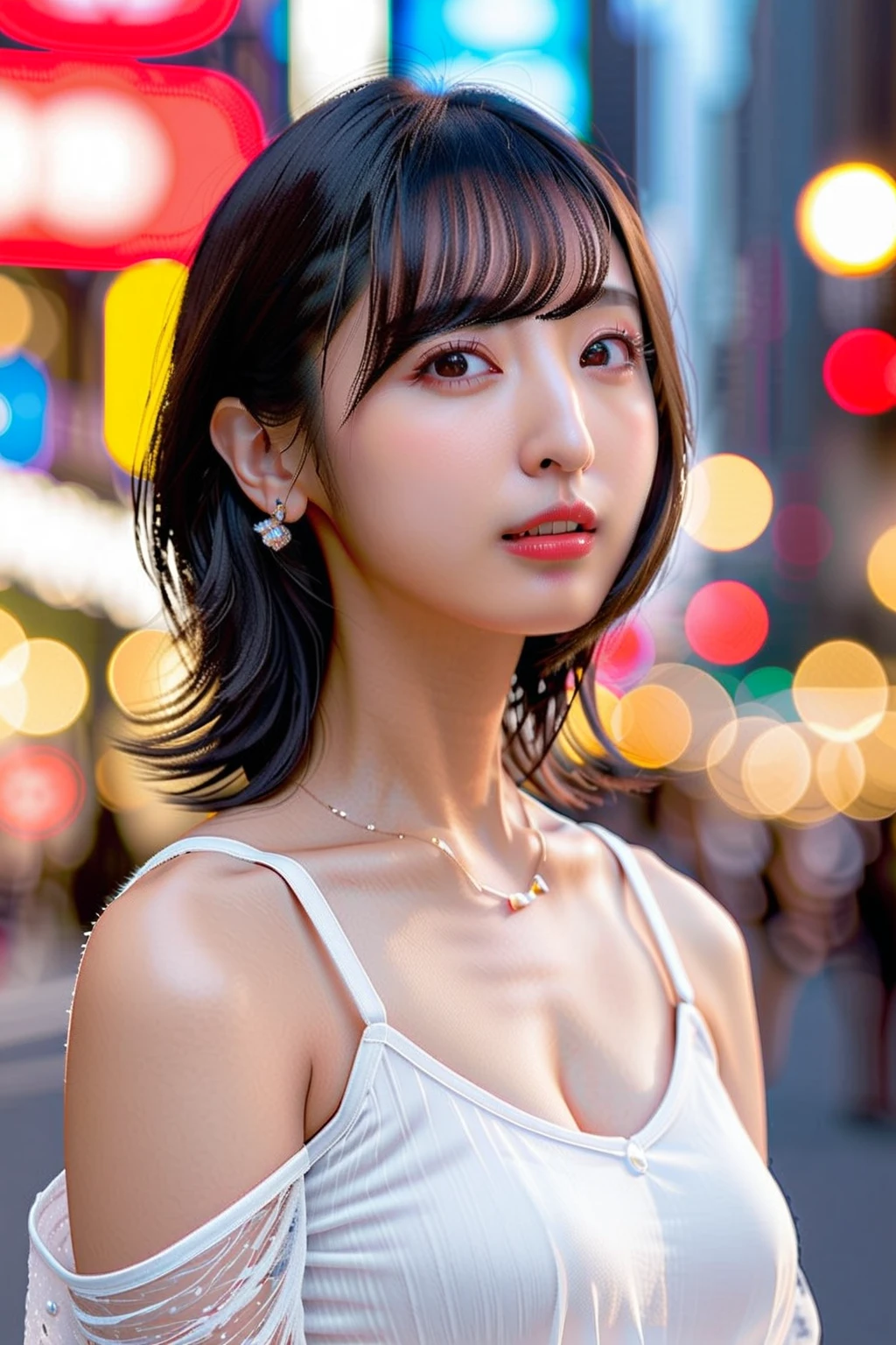  One girl ,  Japanese Girl,( RAW photos ,  top quality ), ( realistic , photo- realistic :1.4), masterpiece,   is extremely delicate and beautiful,  extremely detailed , 2k wallpaper,  wonderful,  detailed description ,  extremely detailed  CG unity 8k wallpaper,  Ultra Detailed,  high res,  hard light , girl with beautiful details,  extremely detailed  eyes and face,  beautiful detailed nose,  beautiful detailed eyes, 3D illustration of a sexy slim fit woman with big breasts in her 20s drawn by , Perfect Anatomy,
On a street corner in Shibuya,Tokyo,  from behind , night view,crowd,(Bokeh:1.2)
(Wearing a blouse) ,( playful pose)
Sakura Ayane , (smile),Half Body Shot