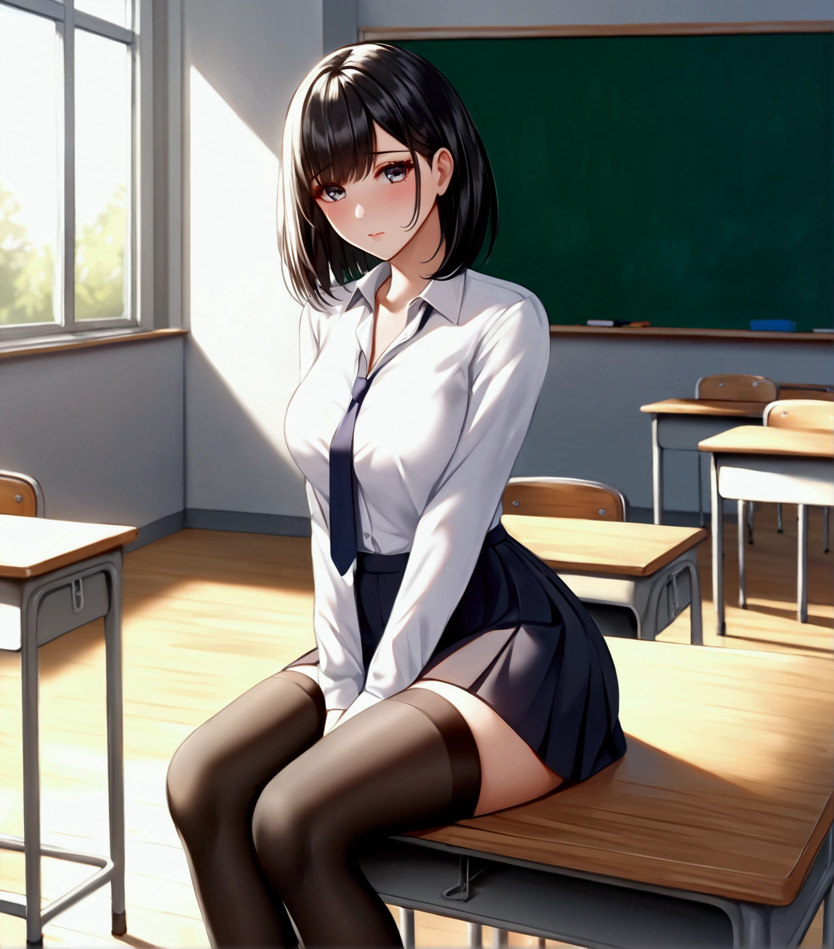 (highest quality:1.4)、(High resolution)、Detailed Background、(Beautiful face in every detail:1.4)、Anatomically correct、(Draw the usual number of fingers:1.2)、(Detailed facial expressions)、Beautiful, smooth skin、Teenage Girl、(Huge breasts:1.5)、cute hair color、ponytail、Bobcut、Realistic、Perfect body line、sitting on a chair in the classroom、Accentuate your breasts、Accentuate your cleavage、Show off your attractive armpits、Attractive big ass、attractive thick thighs、Absolute area、Charming atmosphere、Excited、Blushing、My shirt is about to be buttoned off.、The buttons on my shirt are so pulled they&#39;re about to come off、looking at me with a shy expression、Sheer short-sleeved shirt、Cowboy Shot、

(A beautiful girl with a short-sleeved shirt that is so small that the buttons come off and her breasts are about to spill out.:1.5)、

Choose a short shirt blouse that is slightly smaller in length, such as pink or mint green.、
Pair it with a pleated or flared mini skirt.、
The tulle mini skirt is also cute.、Colorful ribbons、
Complete your look with Oxford shoes、cute