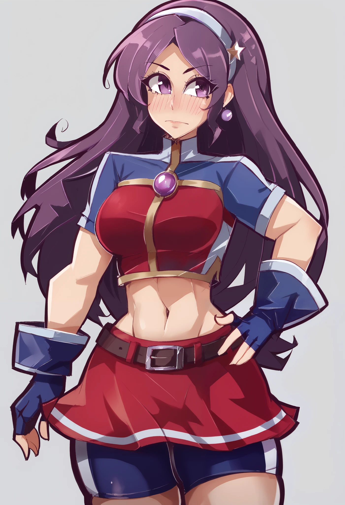 Masterpiece, best quality,ATHKOF2002, purple hair, long hair, purple eyes, white hairband, blue sleeves, pearl (gemstone), short sleeves, red top, belt, fingerless gloves, navel, red skirt, biker shorts,  blush, solo, seductive pose,cowboy shot, midriff,beautiful detailed face,thick thighs, one hand on hip,other had on hair,dbp,hentai, crotch,front view, standing