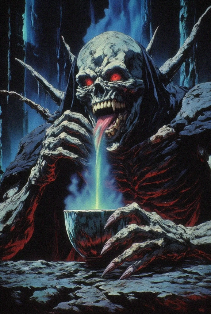 dvd screenshot of 1987 Dark Souls fantasy film, scene of a ghoul drinking green atomic liquid from a cup