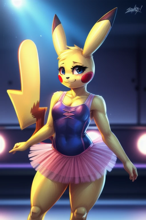 by zackary911, zackary911, (((Pikachu, anthro, extremely detailed, extremely detailed legs, extremely detailed arms, extremely detailed face, perfectly detailed eyes, ultra-detailed hands, perfectly detailed anatomy, well shaped body, female)): solo, curved thighs, long jagged tail, carmesi eyes, day, blushed, looking to the viewer with a loving expression, detailed background, dance studio background, front lateral view, medium breasts, ballet singlet, tutu