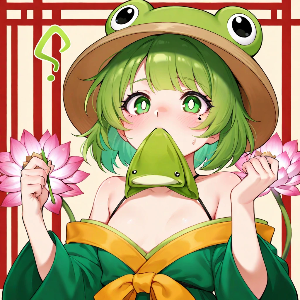  Chinese 18-year-old girl ，Short green hair ， Green pupils，Wear a green dress， The hat on the head has two frog eyes ， There is a mole above the left corner of the mouth，Revealing the upper part of the big chest，  holding a lotus flower in her right hand  ，  eyes and nose are red like they've just cried