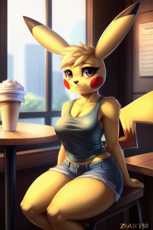 by zackary911, zackary911, (((Pikachu, anthro, extremely detailed, extremely detailed legs, extremely detailed arms, extremely detailed face, perfectly detailed eyes, ultra-detailed hands, perfectly detailed anatomy, well shaped body, female)): solo, curved thighs, long jagged tail, carmesi eyes, day, blushed, looking to the viewer with a loving expression, detailed background, coffee shop background, front lateral view, medium breasts, loose blue tank top, Jean shorts, sitting at table